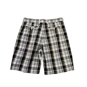Saltaire Mens 34 Plaid Golf Shorts 100% cotton Blue White Gray Yellow Casual
